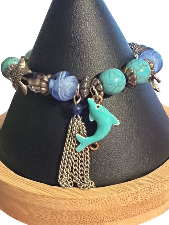Jewelry - Ocean Themed Charm Stretch Bracelet Turquoise Enamel Glass Beads Dolphin Turtle